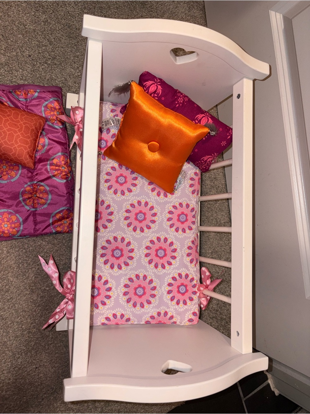 American Girl Pink Floral Doll Crib Bedding with Orange Accent Pillows